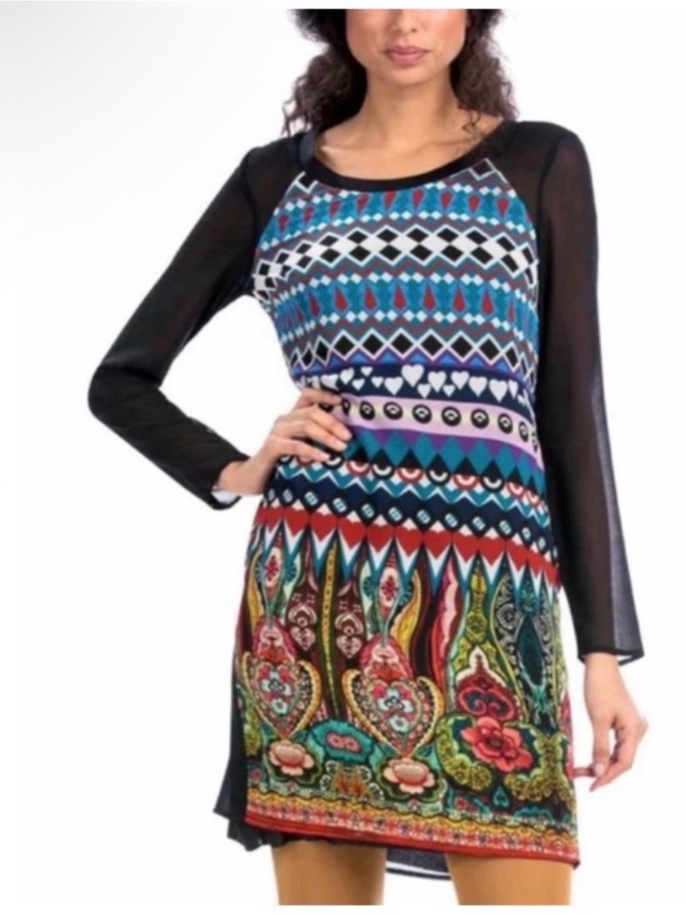 Desigual Dami‎ Printed Black Sheer Mini Dress with Long Sleeves Size 44 US 10